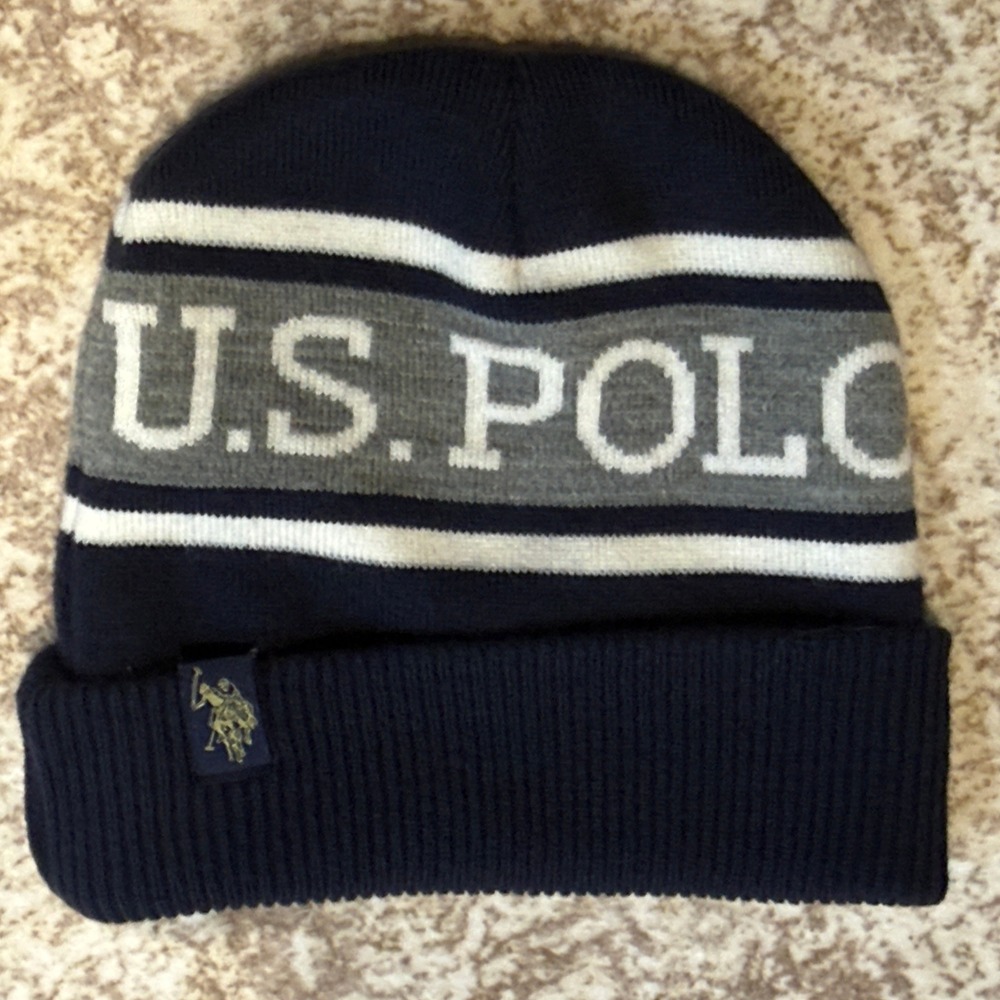 U.S. Polo Assn. Beanie Hat OS Mens Knit Cuffed Logo Striped Navy Blue